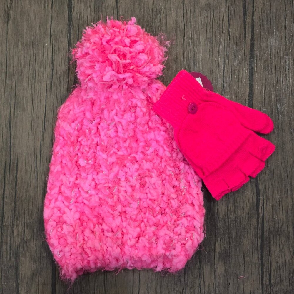 SO Kids Pink Knit Beanie Fingerless Gloves Mitten Flap Set Pom Pom NWT Age 4-7 - Picture 2 of 11